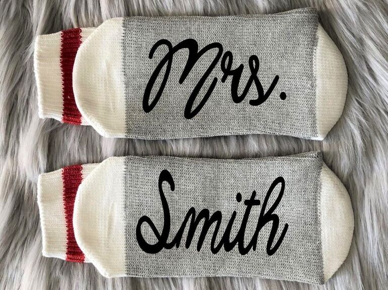 Customizable Mrs. socks for personalized bachelorette gift for the bride 