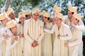 Groomsmen in Gold Traditional Indian Kurtas and Sherwanis