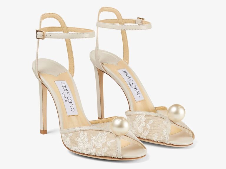 Jimmy Choo stunning lace wedding shoes with lace and oversized pearl detail
