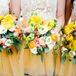 The bridesmaids carried yellow gerbera daisies, orange ranunculus, pink roses, white lisianthus, green seeded eucalyptus and plenty of leafy wildflowers in their lush bouquets. Katie and Matt wanted their wedding to be full of retro prints and farmers' market flowers for a textured, colorful look.