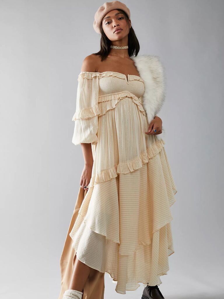 boho engagement party dress with off-the-shoulder neckline and ruffles