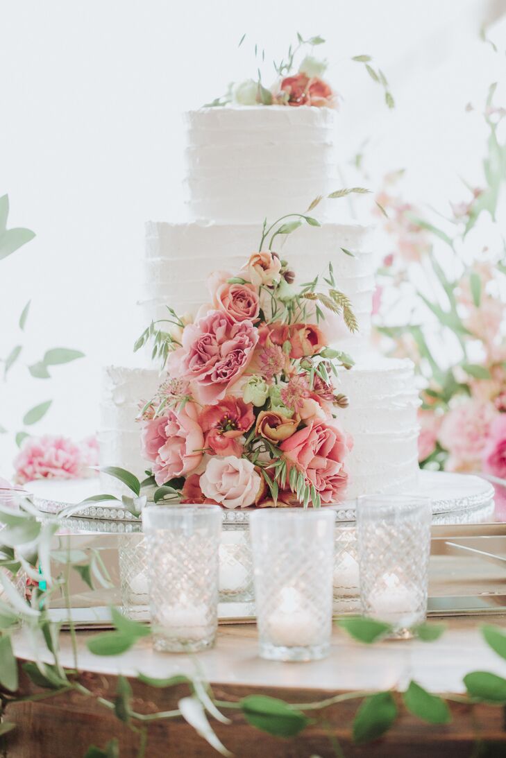 Tiered White Wedding Cake with Romantic Pink Flowers