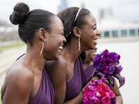 silver bridesmaid dangle earrings with purple beads 