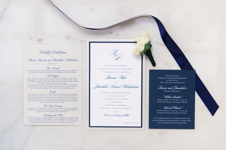 To set a formal tone for the wedding, Lauren and Johnathan worked with Creative Parties to design classic, elegant invitations with a subtle modern twist — using navy in place of classic black. Each element of the stationery suite featured a unique design with the main invitation featuring white paper accented with a navy and iridescent beige border. The rest of the stationery followed suit, with each detail boasting the navy and white color scheme.