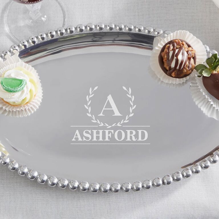 Stainless steel oval serving tray with family name monogram 16-year wedding anniversary modern gift