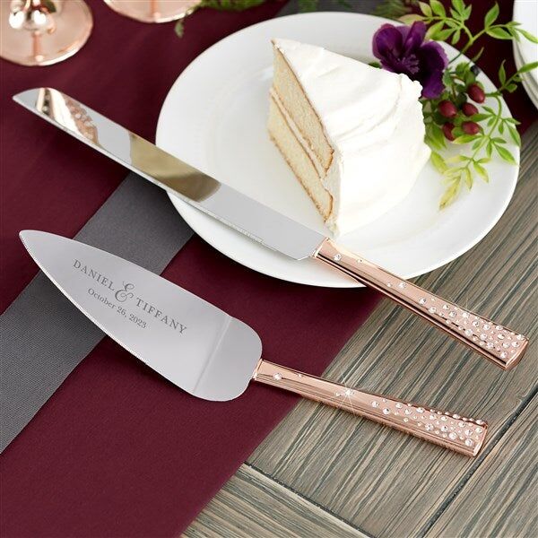 Custom engraved cake cutting set by Personalization Mall. 