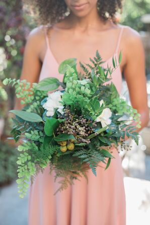 Tropical Bouquet and Light Pink Bridesmaid Gown at Latin-Inspired Wedding