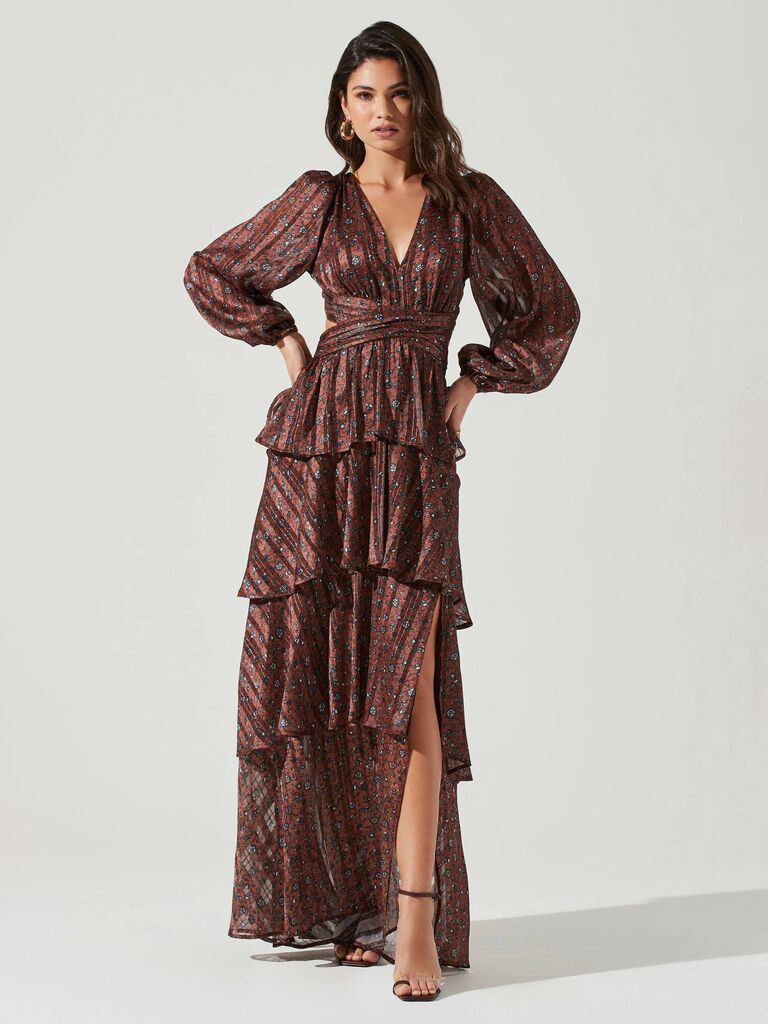 ASTR The Label dark floral winter dress for wedding guests with long sleeves and ruffled skirt