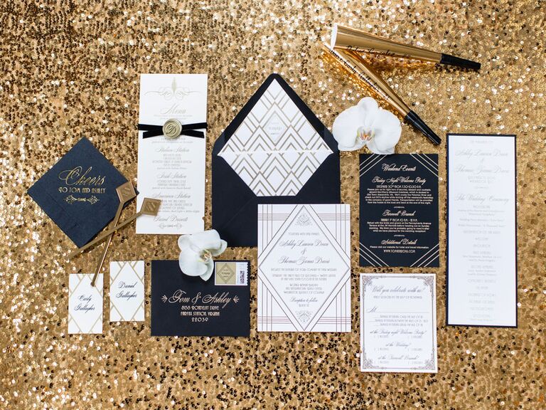 Art deco black and gold Great Gatsby-inspired wedding invitation suite