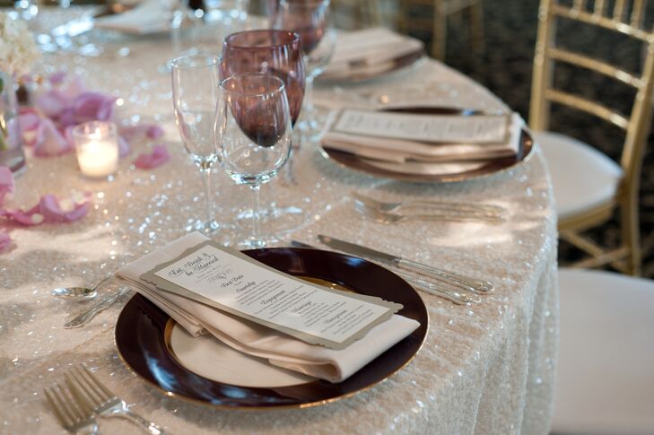 Eggplant Tinted China on a Sparkly Tablecloth