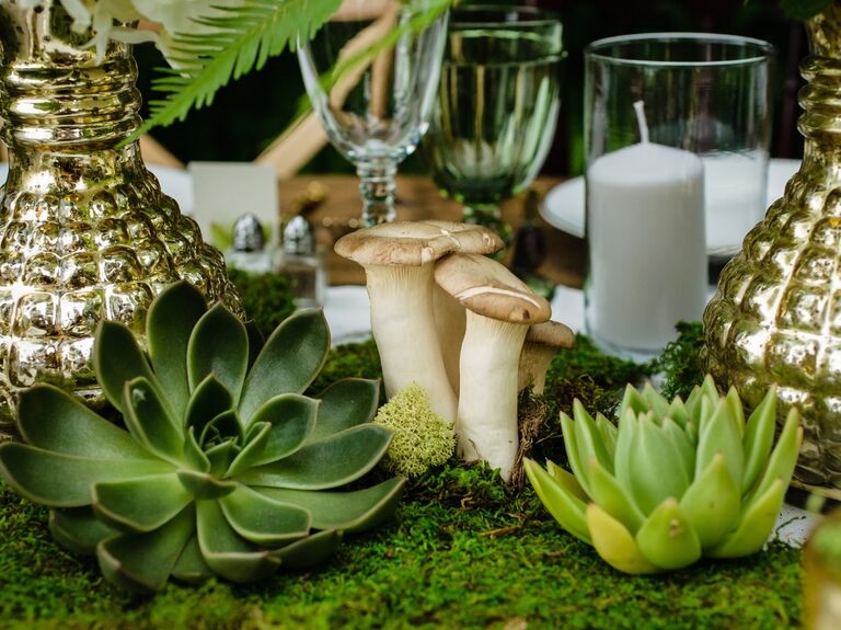 woodland inspired wedding centerpiece with mushrooms, moss and succulents 