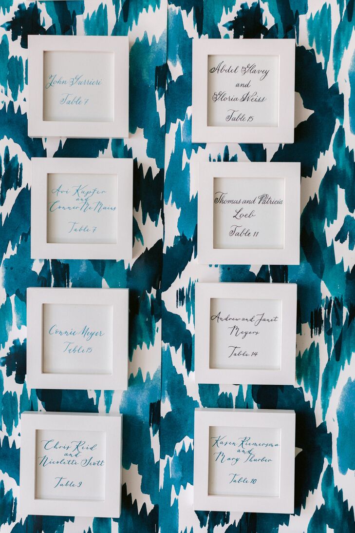 Seating Chart with Calligraphy, White Frames and Blue Background