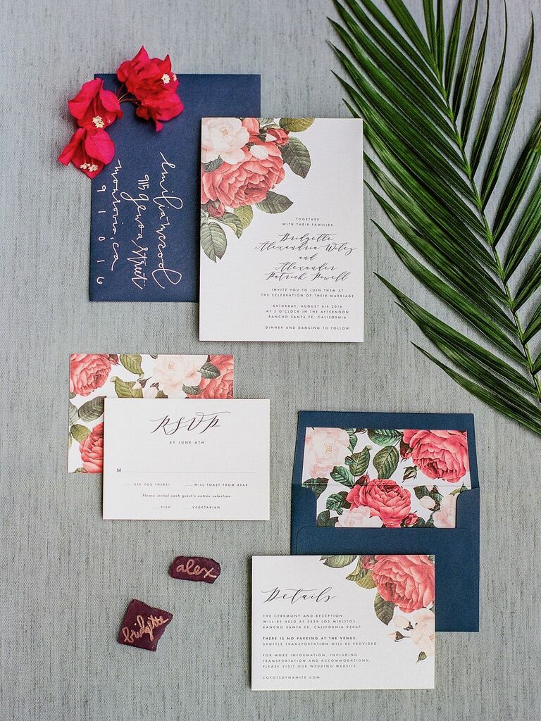 red, white and blue wedding invitation with vintage rose illustrations