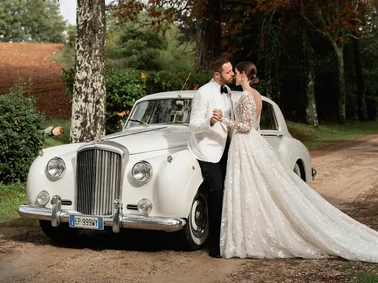Vintage White Wedding Ceremony Getaway Car
