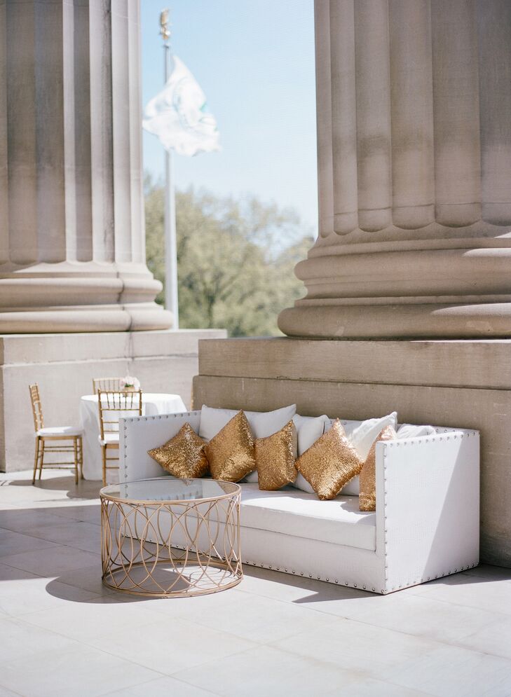 Glamorous Cocktail Hour Lounge Area with Gold Sequined Pillows