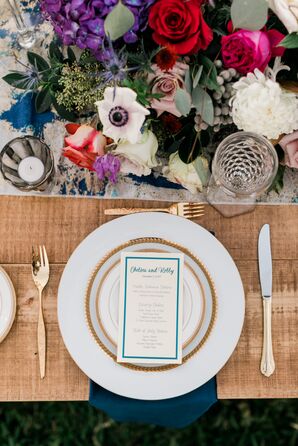 White and Gold Place Setting with Navy Linens