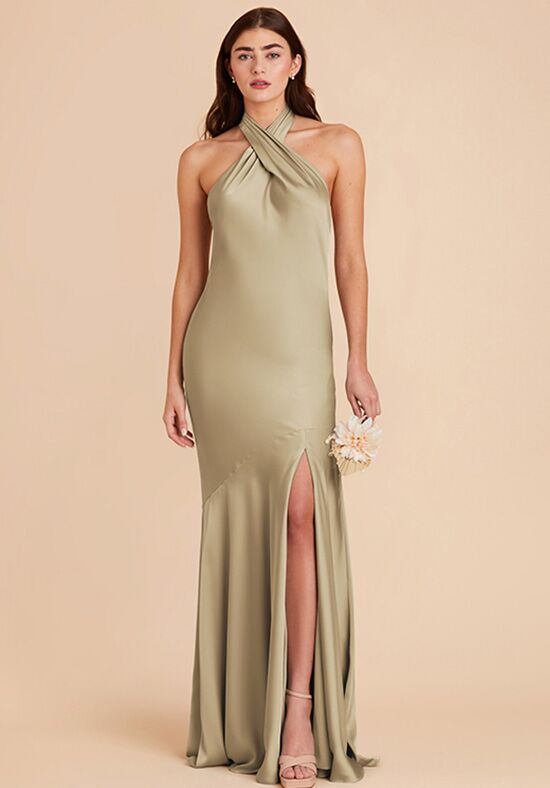 Birdy Grey Stephanie Matte Satin Dress in Moss Green Halter Bridesmaid Dress - 1