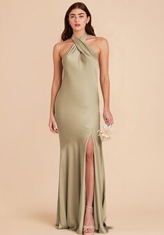 Birdy Grey Stephanie Matte Satin Dress in Moss Green Halter Bridesmaid Dress