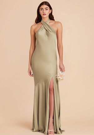 Birdy Grey Stephanie Matte Satin Dress in Moss Green Halter Bridesmaid Dress