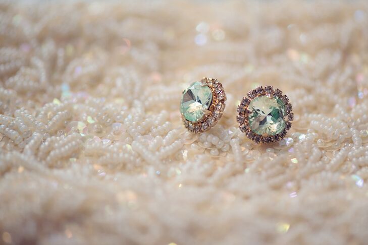 Green Crystal Earring Studs with Halo