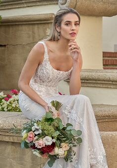 T212052 Romantic Sequin Lace & Stretch Crepe Wedding Dress with Bateau  Neckline