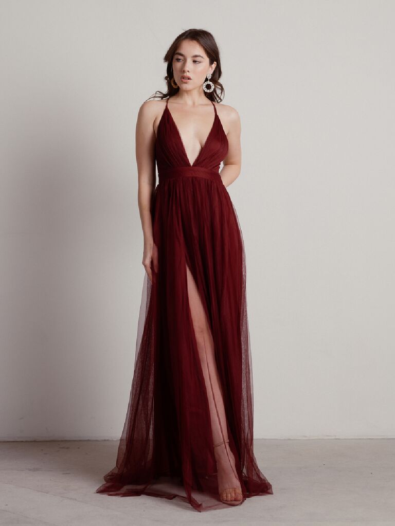 Deep maroon plunging V-neck fall wedding guest dress