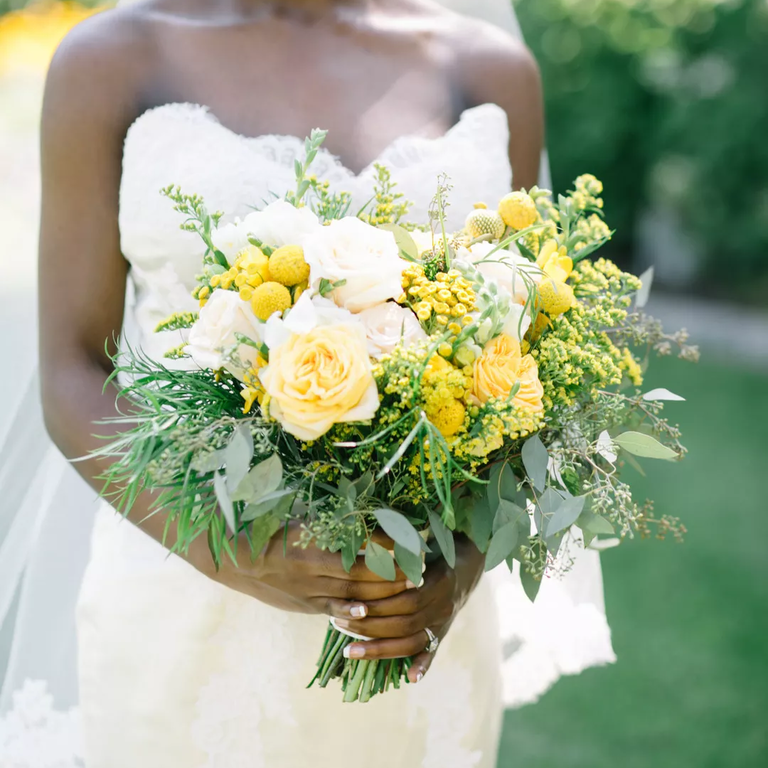 Bright yellow and white bouquet with eucalyptus