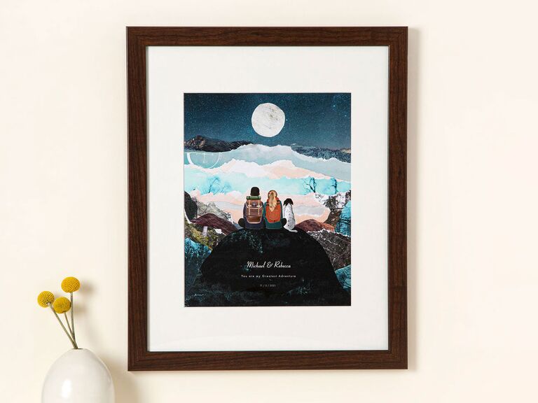 Custom artwork of couple on top of mountain wedding gift for hiking couple