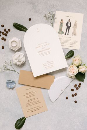 Formal Wedding Invitation Suite in Neutral Colors With Outfit Illustrations, Rings