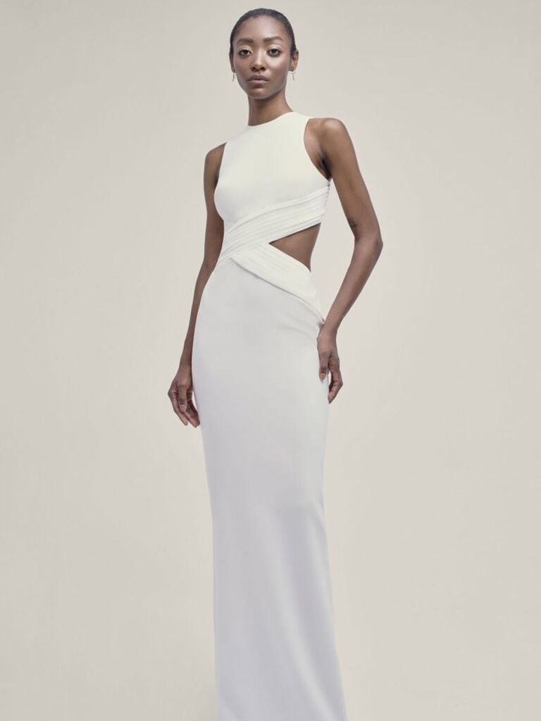 yolancris plain white crepe and silk high neck wedding dress with criss cross cutouts and minimalist skirt