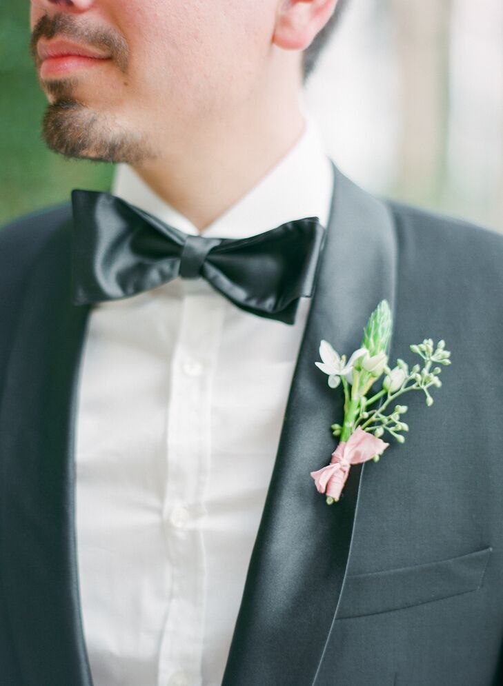 Simple White Tuberose Boutonniere with Pink Ribbon