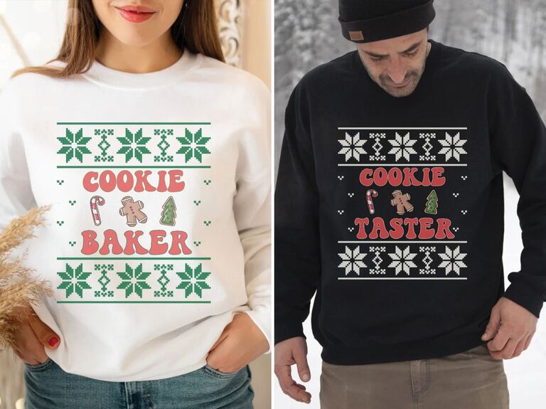 Cookie Baker and Cookie Taster couples Christmas sweaters