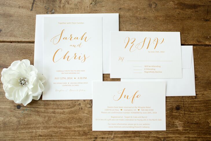 The invitations featured gold calligraphy on white cards, for a simple look that was still elegant.