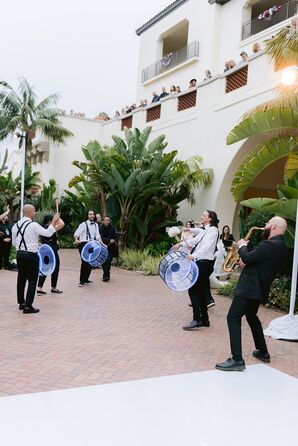 Musicians in Suits Welcoming Wedding Party with Blue Drums, Saxophone