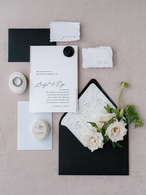 Modern Black-and-White Wedding Invitation With Floral Envelope Liner