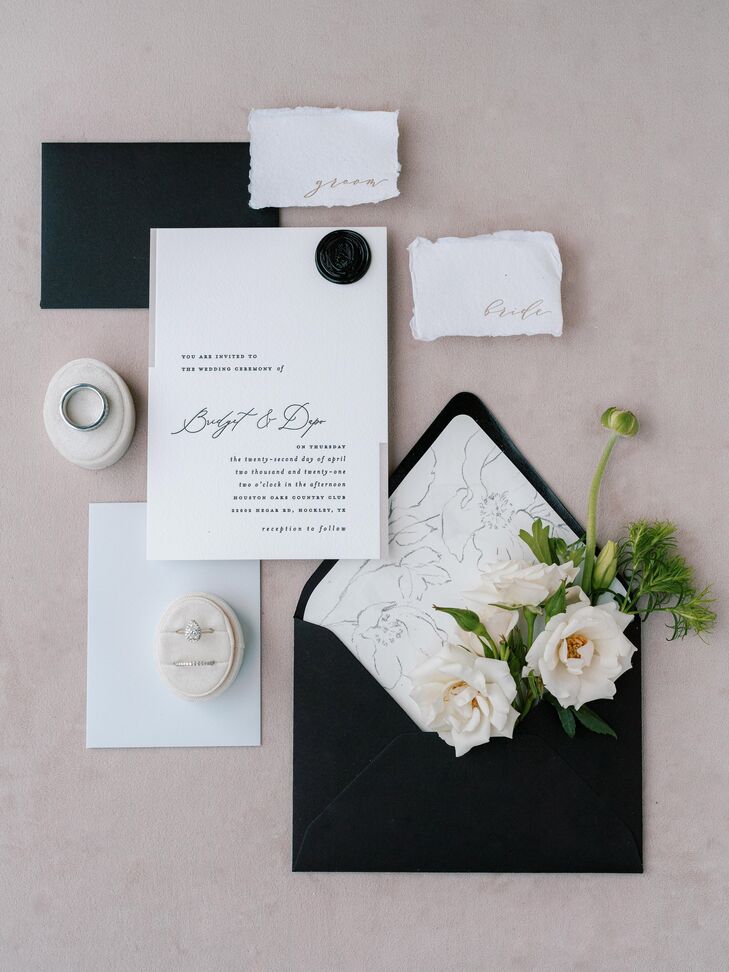 Modern Black-and-White Wedding Invitation With Floral Envelope Liner
