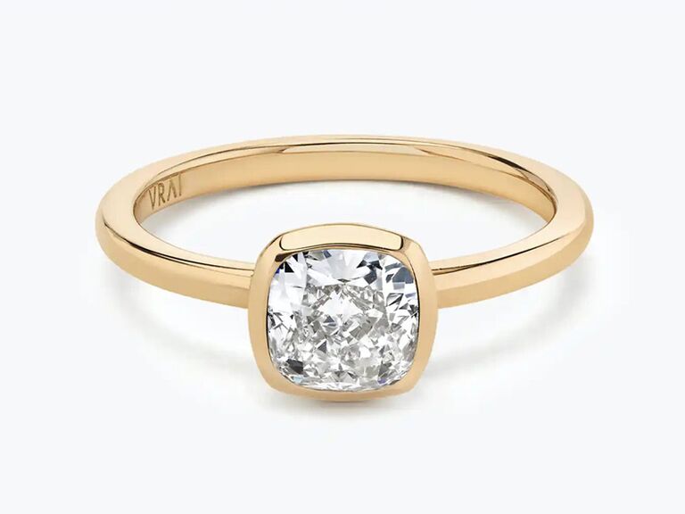 vrai diamond cushion cut engagement ring with plain gold band