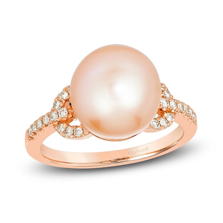 Strawberry gold and freshwater pearl engagement ring from La Vian
