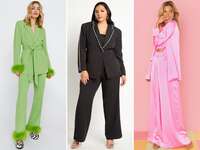 three models wearing a green pant suit, black pant suit and hot pink pant suit 