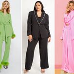 three models wearing a green pant suit, black pant suit and hot pink pant suit 