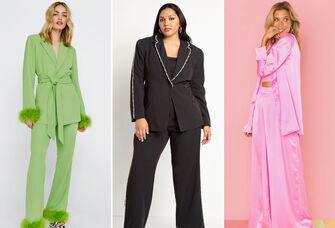 three models wearing a green pant suit, black pant suit and hot pink pant suit 