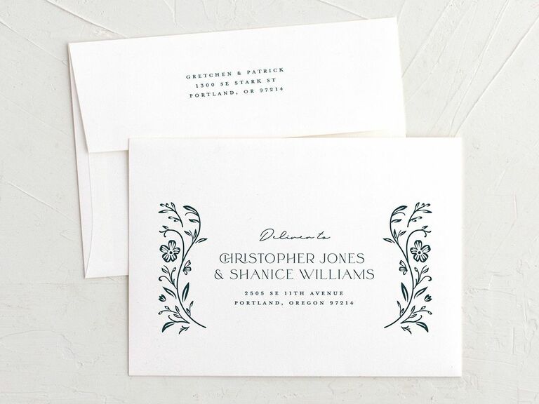 Wedding invitation envelope showing etiquette trend of return address without last names