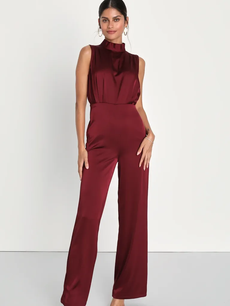 Red Satin Sleeveless Mock Neck Wedding Guest Jumpsuit