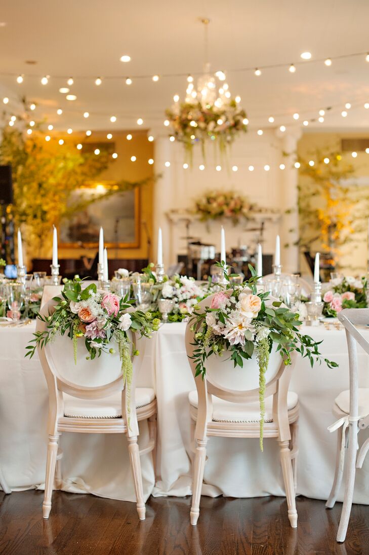 Sweetheart Chairs Decorated with Roses, Dahlias and Ranunculus
