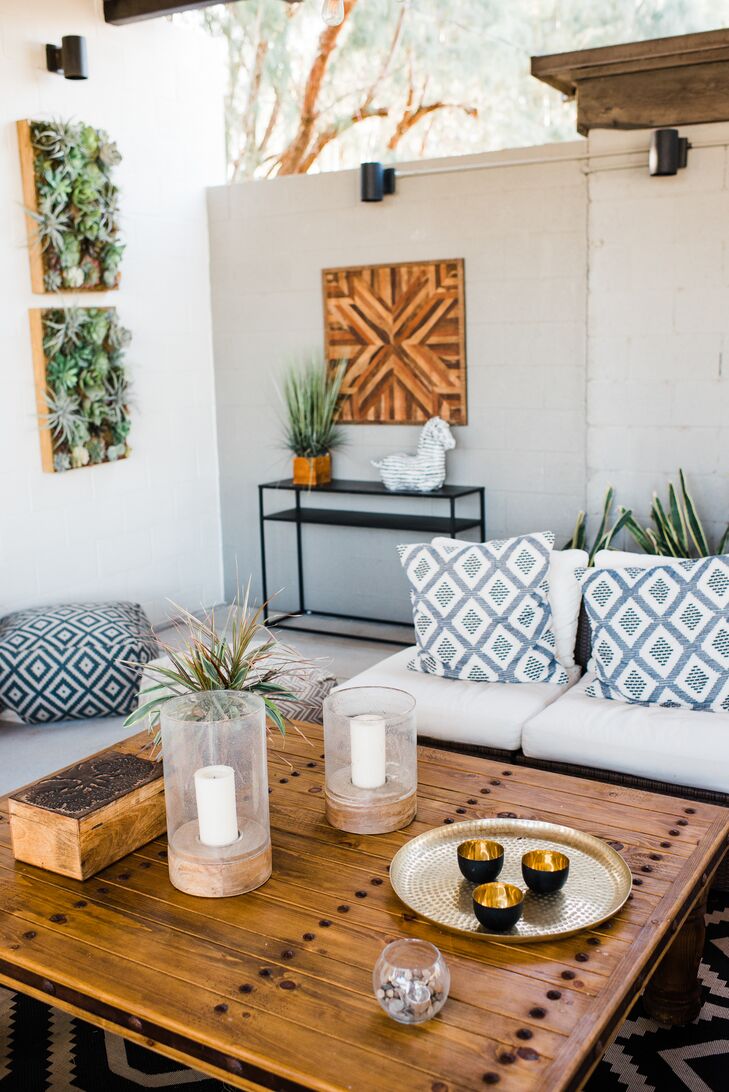 Bohemian Wood Lounge Table and Printed Pillows