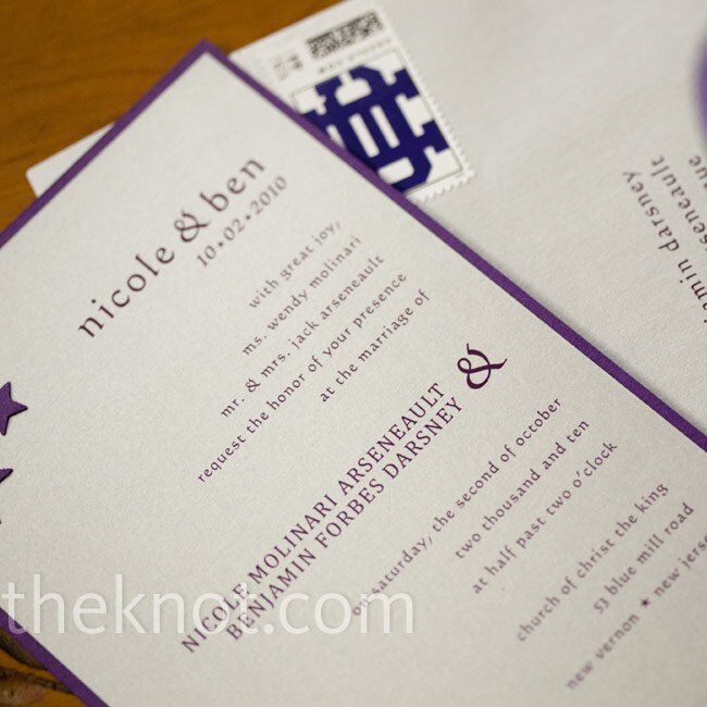As a nod to their alma mater (also where they met), the couple used College of the Holy Cross stamps for their silver and purple invitations.