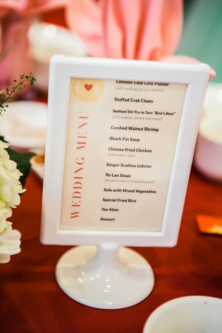 All of the stationery was custom-designed using the site Custom and Pockets, with the couple giving guests a taste of the event to come with a suite in vibrant shades of red, gold and mint. The double happiness symbol, as well as the couple’s Chinese zodiac signs — mice — added a personal, yet traditional flair.