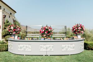 Outdoor Bar With Ralph Lauren-Inspired Print, Tall Jewel Tone Flower Arrangements on Garden Lawn