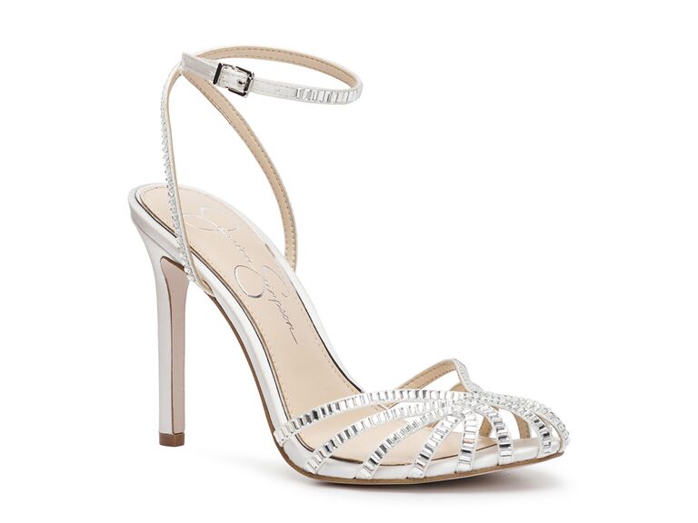 Jessica Simpson white wedding shoes with crystal-embellished vamp