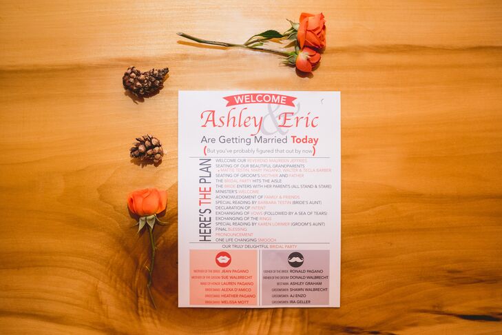 Ashley and Eric’s program, menu and invitation suite were inspired by Perona Farms in Andover, New Jersey. They drew on the rustic venue with images of mason jars, earth-tone-inspired colors and other funky images for a playful twist.